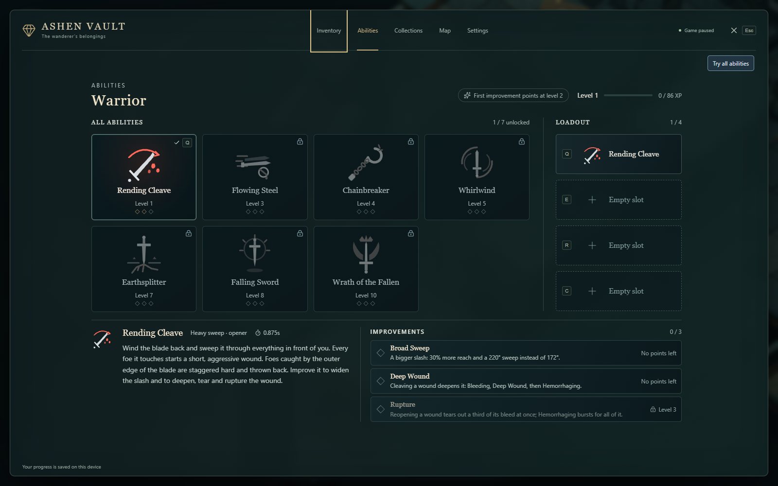 The Warrior abilities screen with seven sword arts, a four-slot loadout, and three improvements listed for Rending Cleave