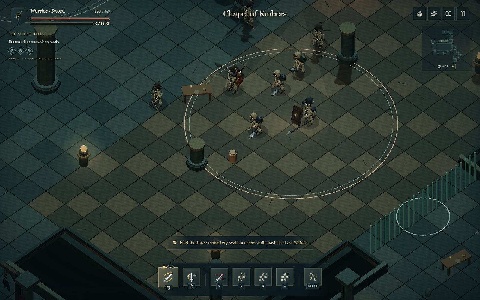 The hero in a red cloak surrounded by skeletal husks, pikemen, and a shield bearer in the Chapel of Embers, with the action bar and quest tracker on screen
