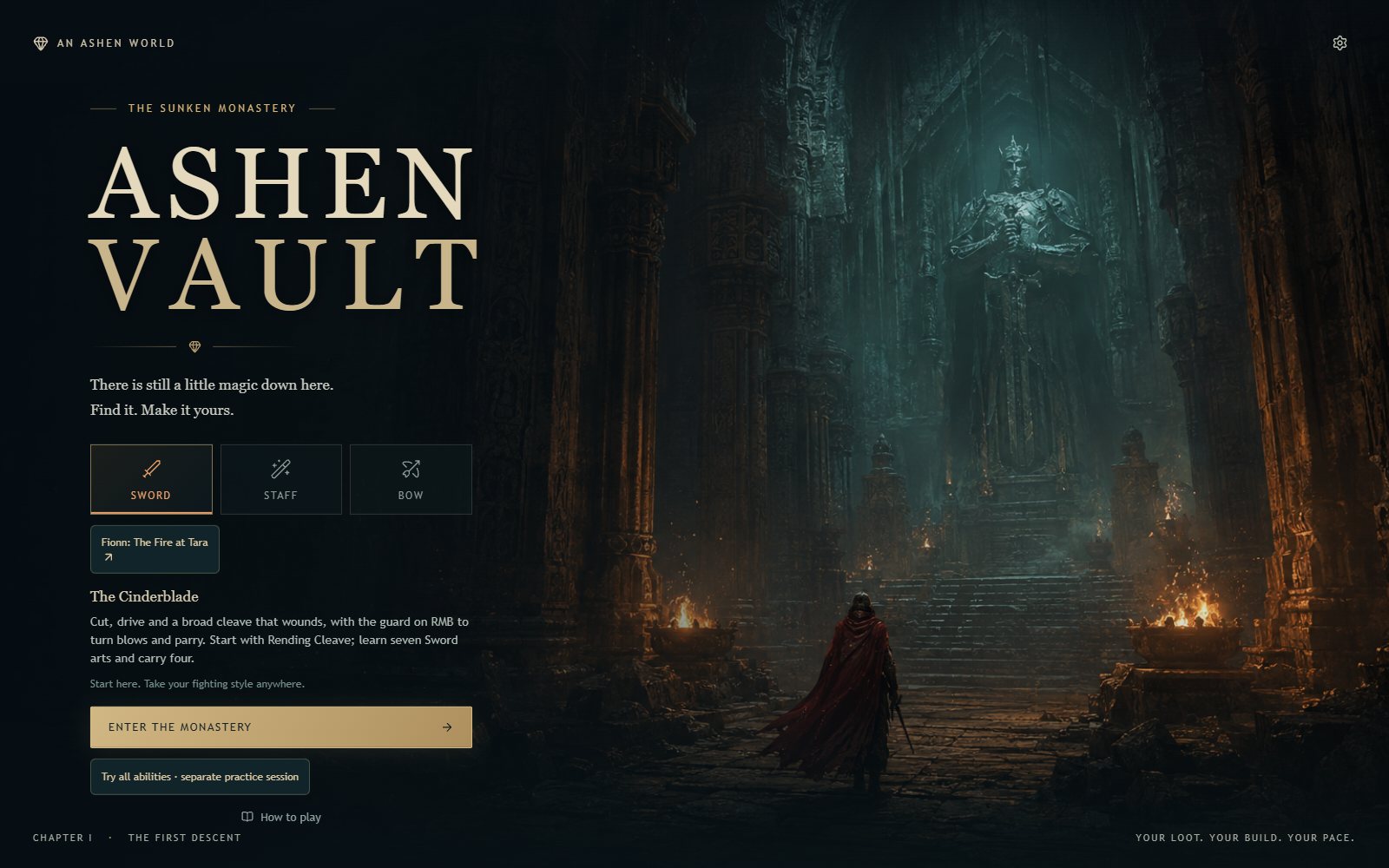 Ashen Vault title screen: a cloaked figure walks towards a giant stone king in a firelit hall, with Sword, Staff, and Bow to choose from