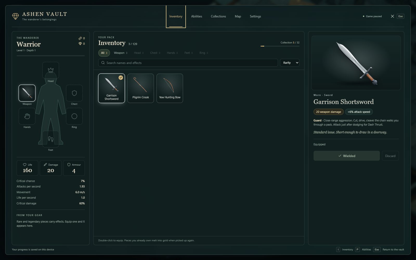 The inventory screen: a figure of the hero with gear slots, three starting weapons in the pack, and the Garrison Shortsword selected