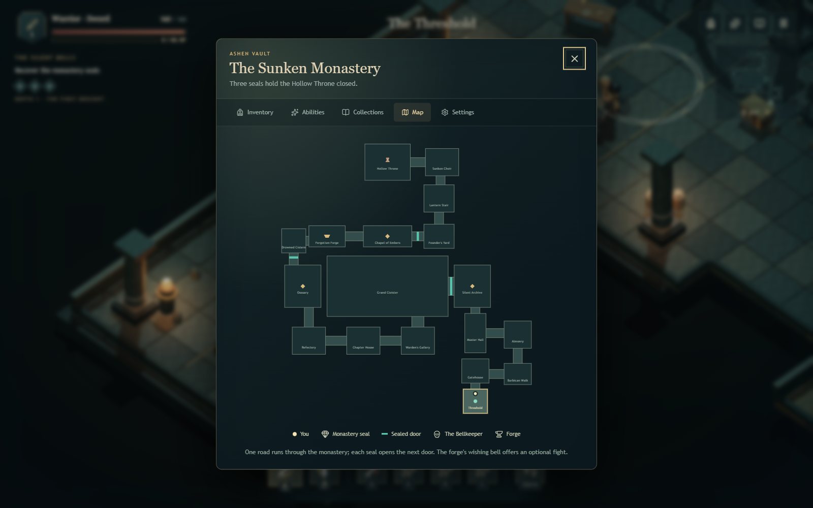 The Sunken Monastery map: eighteen chambers connected in a single winding route, with seals, sealed doors, and the Hollow Throne marked