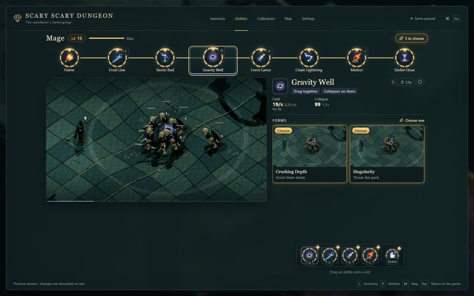 The Mage’s Abilities screen: eight abilities along a path, Gravity Well playing as footage beside its damage figures, and its two forms, Crushing Depth and Singularity