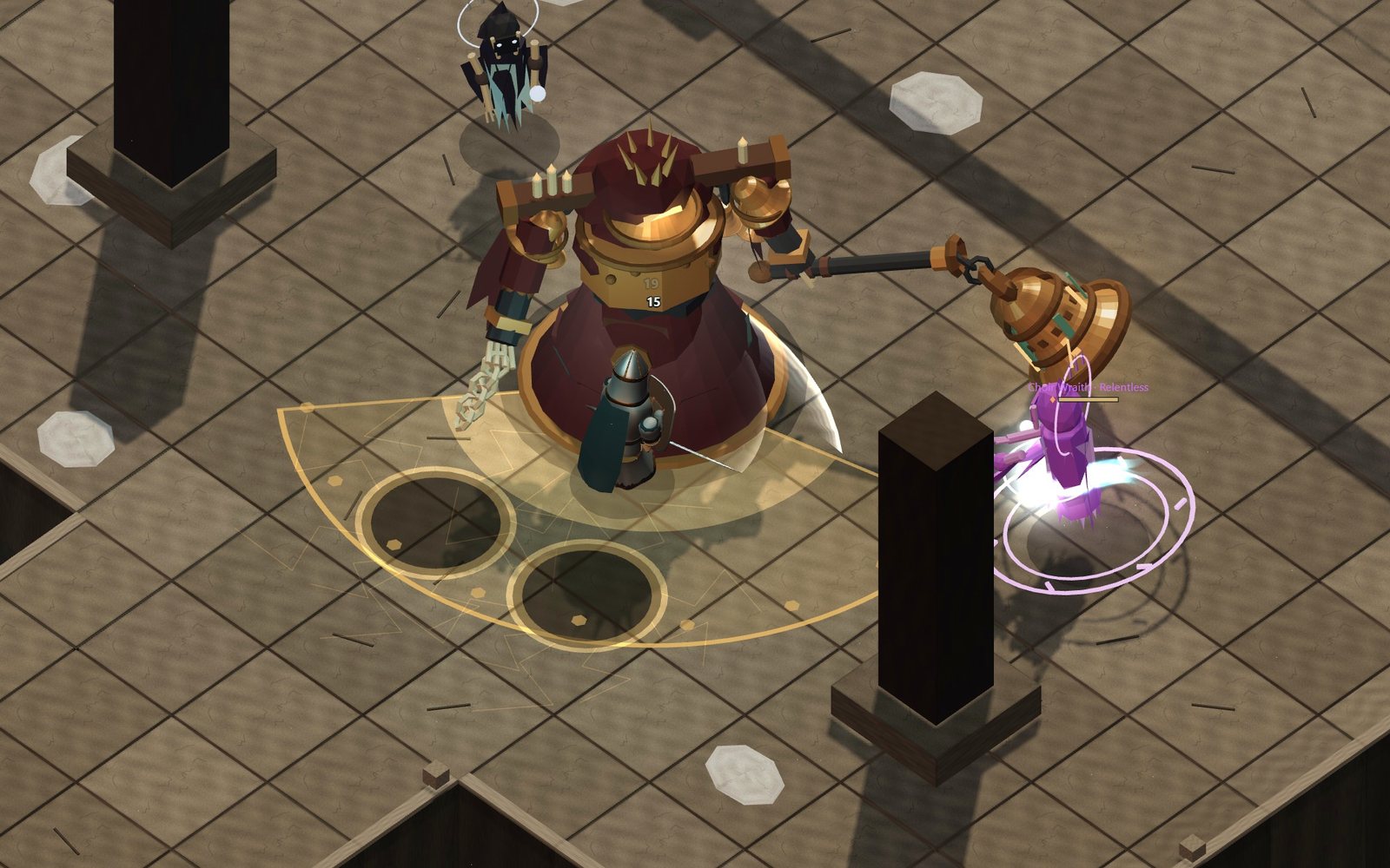 The Bellkeeper, a giant bell-bodied figure swinging a bell as a mace, attacks the hero on the abbey’s open belfry, its sweep drawn on the floor