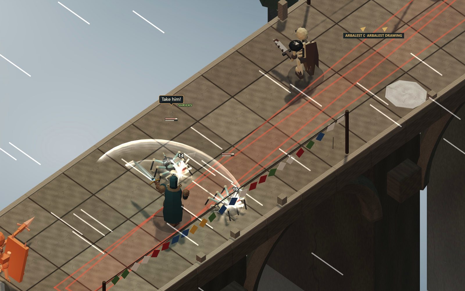 On the Wind Bridge snow streams past as the hero cuts through two skitters, while a red lane marks an arbalest drawing on them