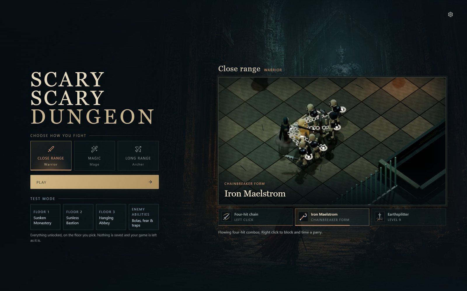Scary Scary Dungeon title screen: Close range, Magic and Long range to choose from, Test mode buttons for each floor, and a clip of the Warrior’s chains binding a pack