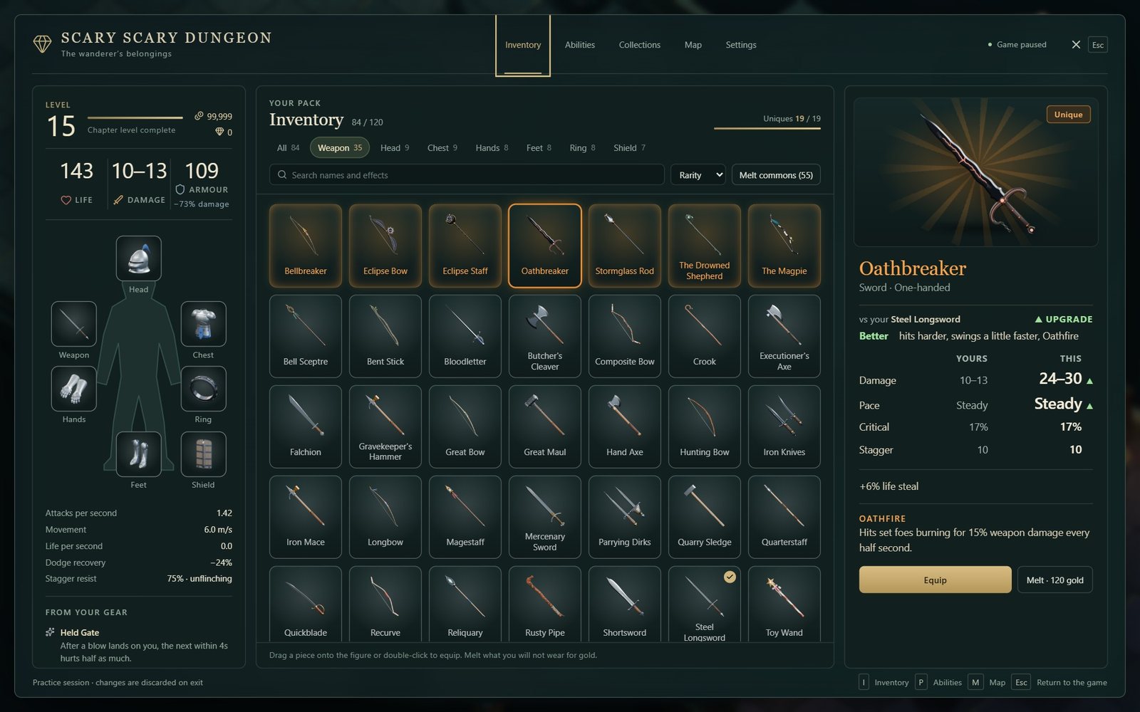 The gear screen: a pack of weapons in the middle, and on the right the Oathbreaker compared with the worn Steel Longsword, marked Upgrade, in Yours and This columns