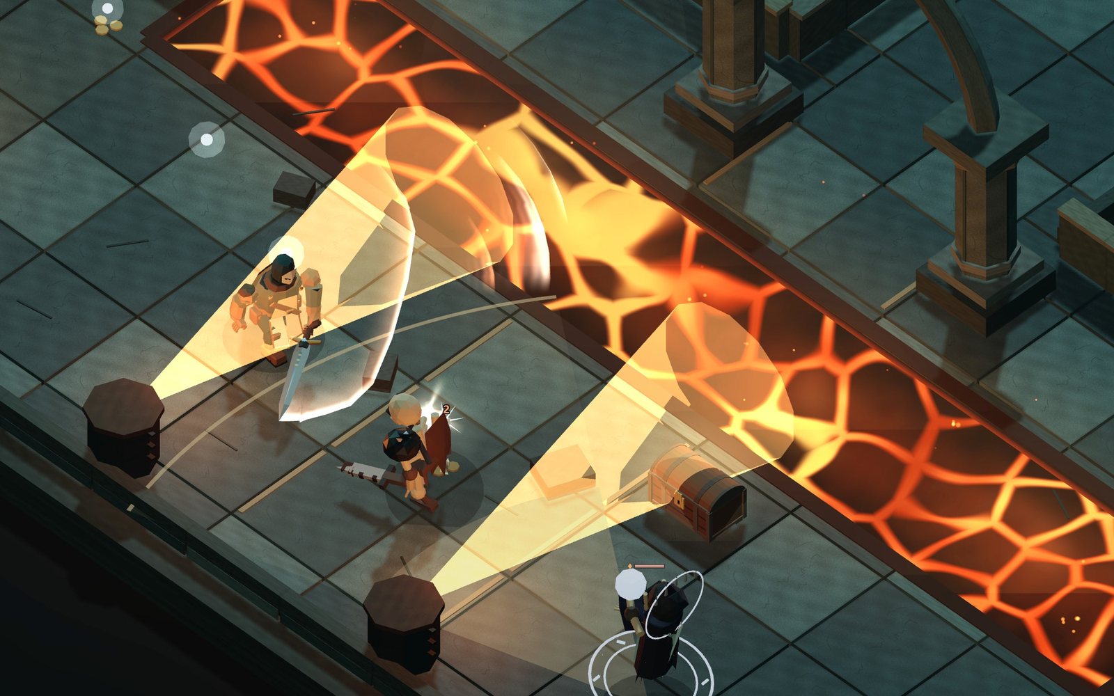In the Brazier Row two fire vents breathe cones of flame across the floor beside a river of lava as the hero cuts at a husk