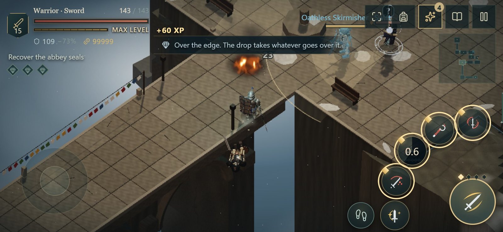 Scary Scary Dungeon on a phone in landscape: the Warrior at the edge of the Cloud Terrace as a husk falls into the drop, with a movement stick on the left and ability buttons under the right thumb