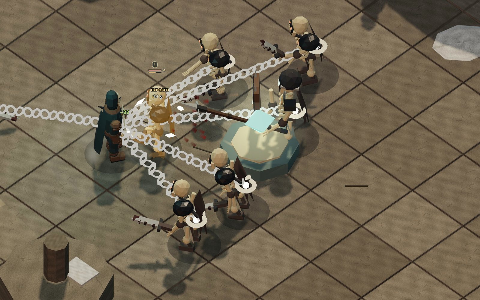 The Warrior’s chains bind six skeletal husks into a knot on a snowy abbey terrace