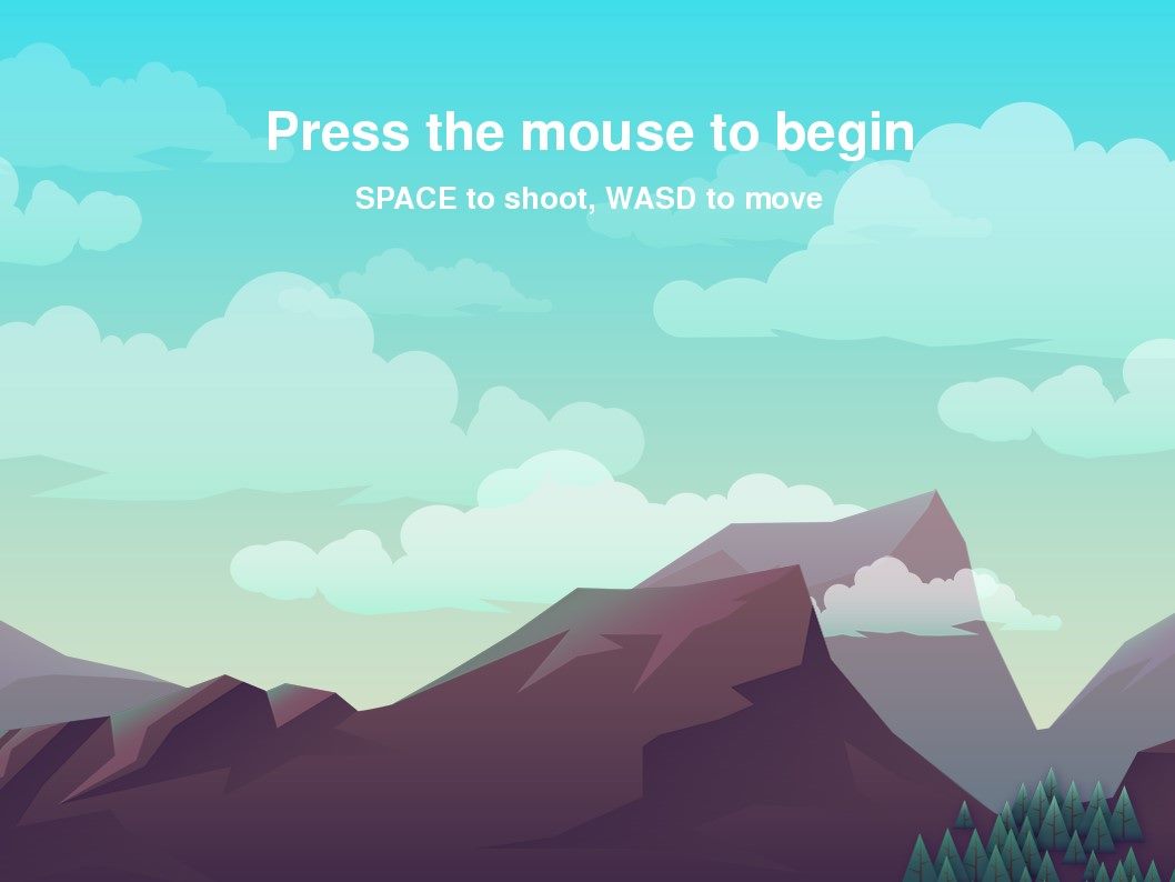 Start screen for a scrolling space game with mountains and clouds