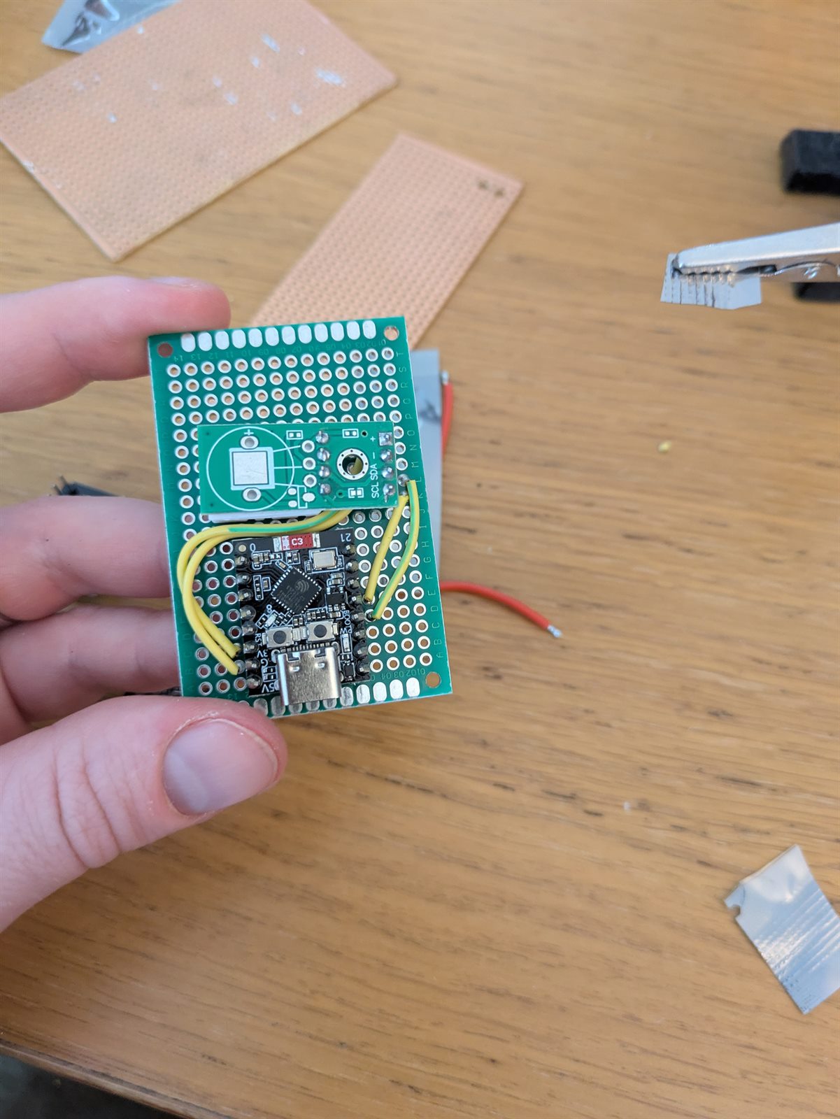 First compact ESP32-C3 and SHTC3 sensor node on protoboard