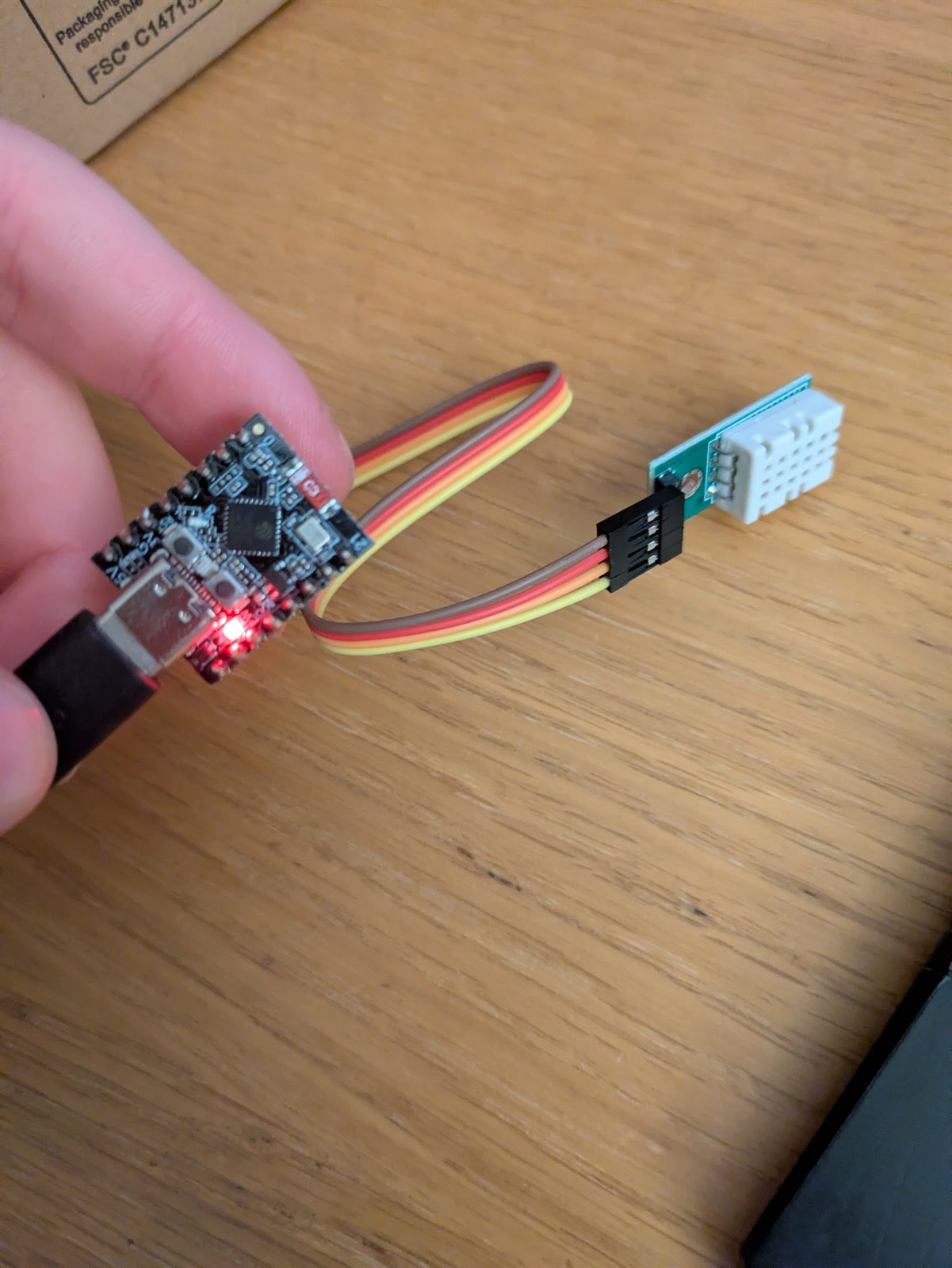 Early ESP32-C3 temperature and humidity sensor connected with jumper wires