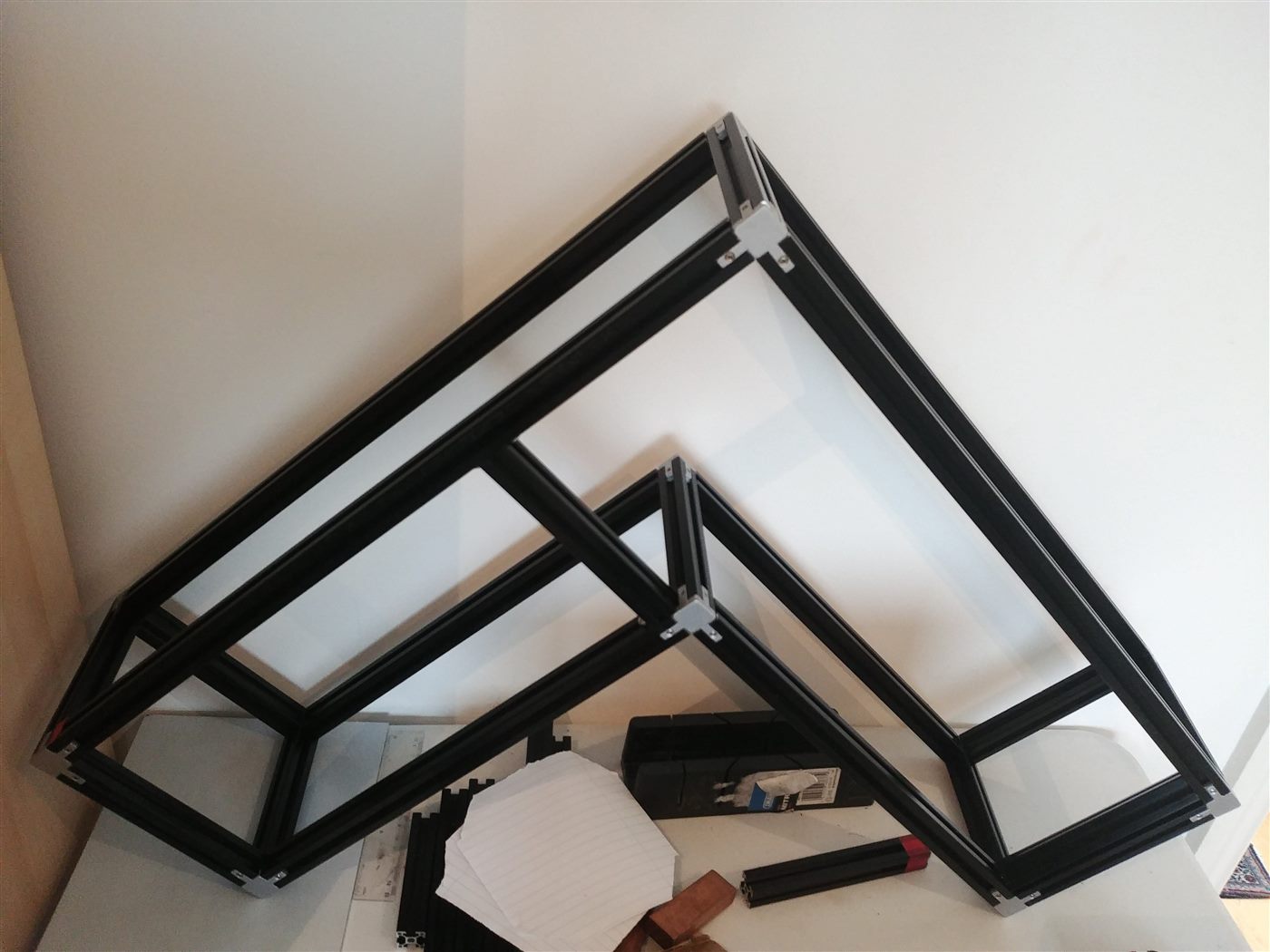 Black aluminium frame for the second robot prototype during assembly